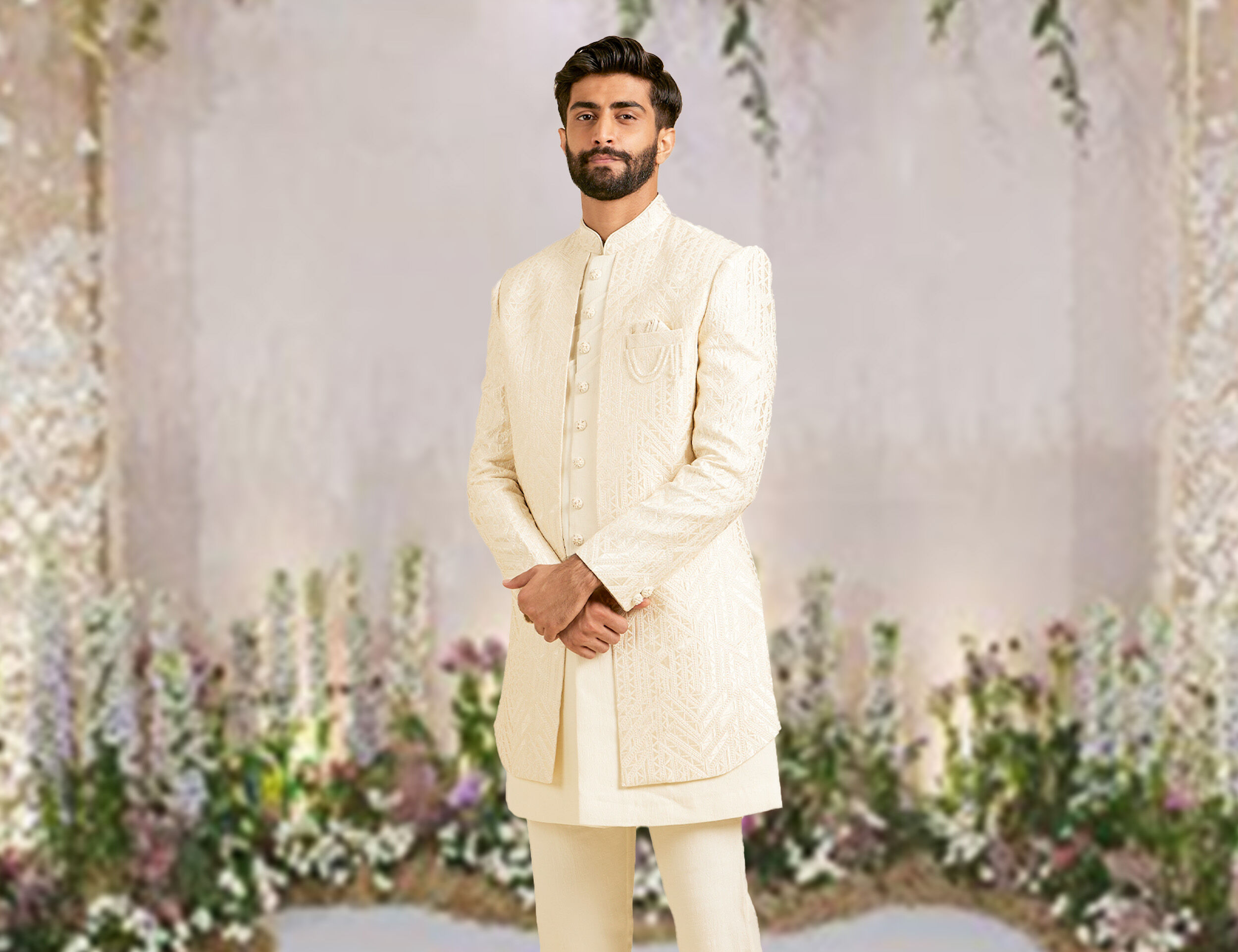 Groom opting for an Indo-western engagement look